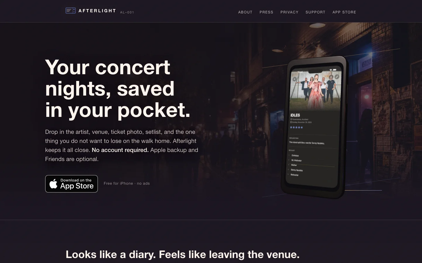 Afterlight product page showing the concert diary on a phone