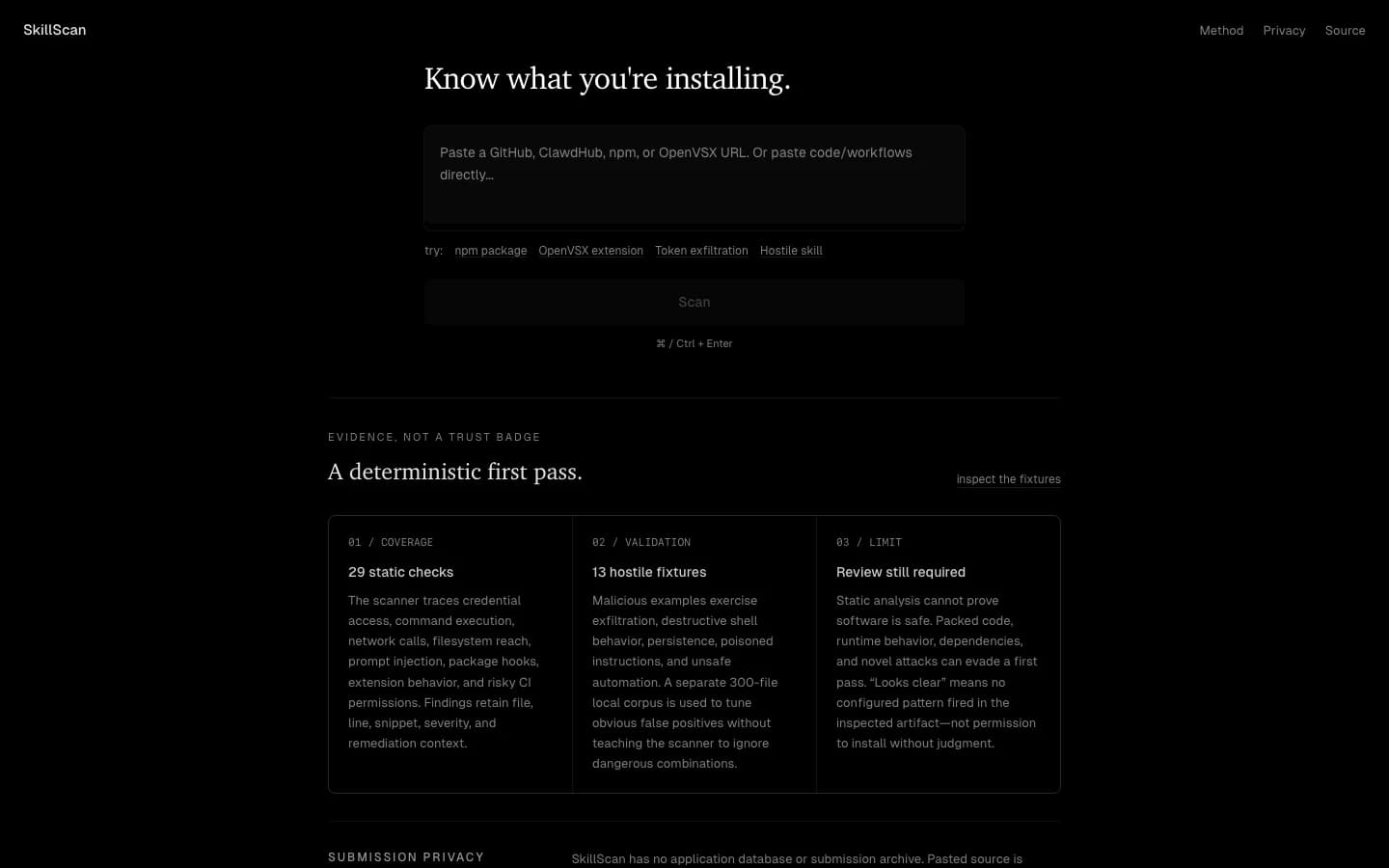 SkillScan scanner with a pasted-code input and inspectable validation evidence