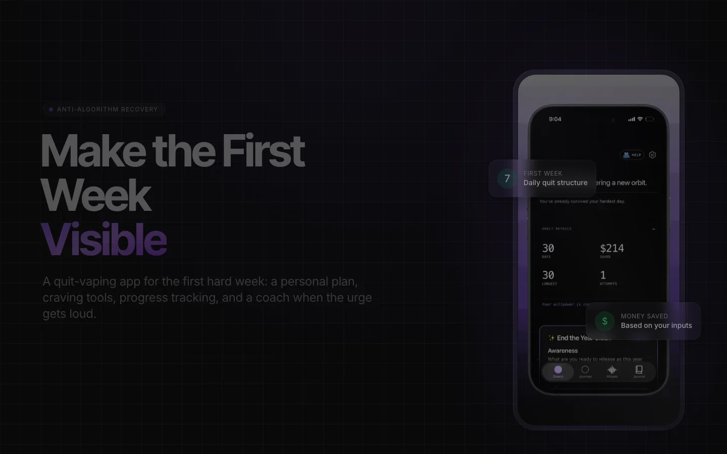Vape Quit Coach product page showing the app and its first-week recovery plan