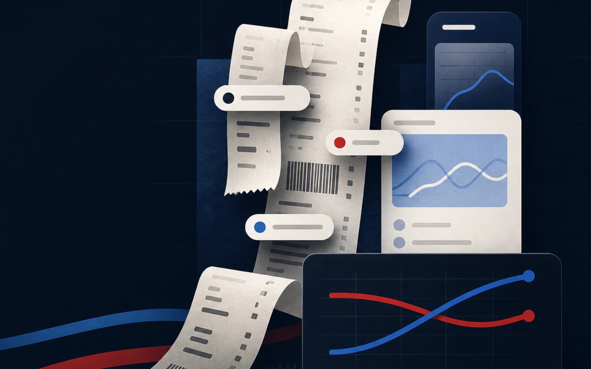 Basketcase product artwork showing layered receipts, item tokens, and price-memory charts.